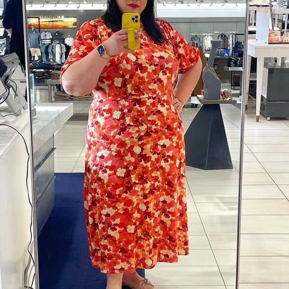 ELOQUII RED PINK FLORAL MIDI DRESS - Picture 1 of 5